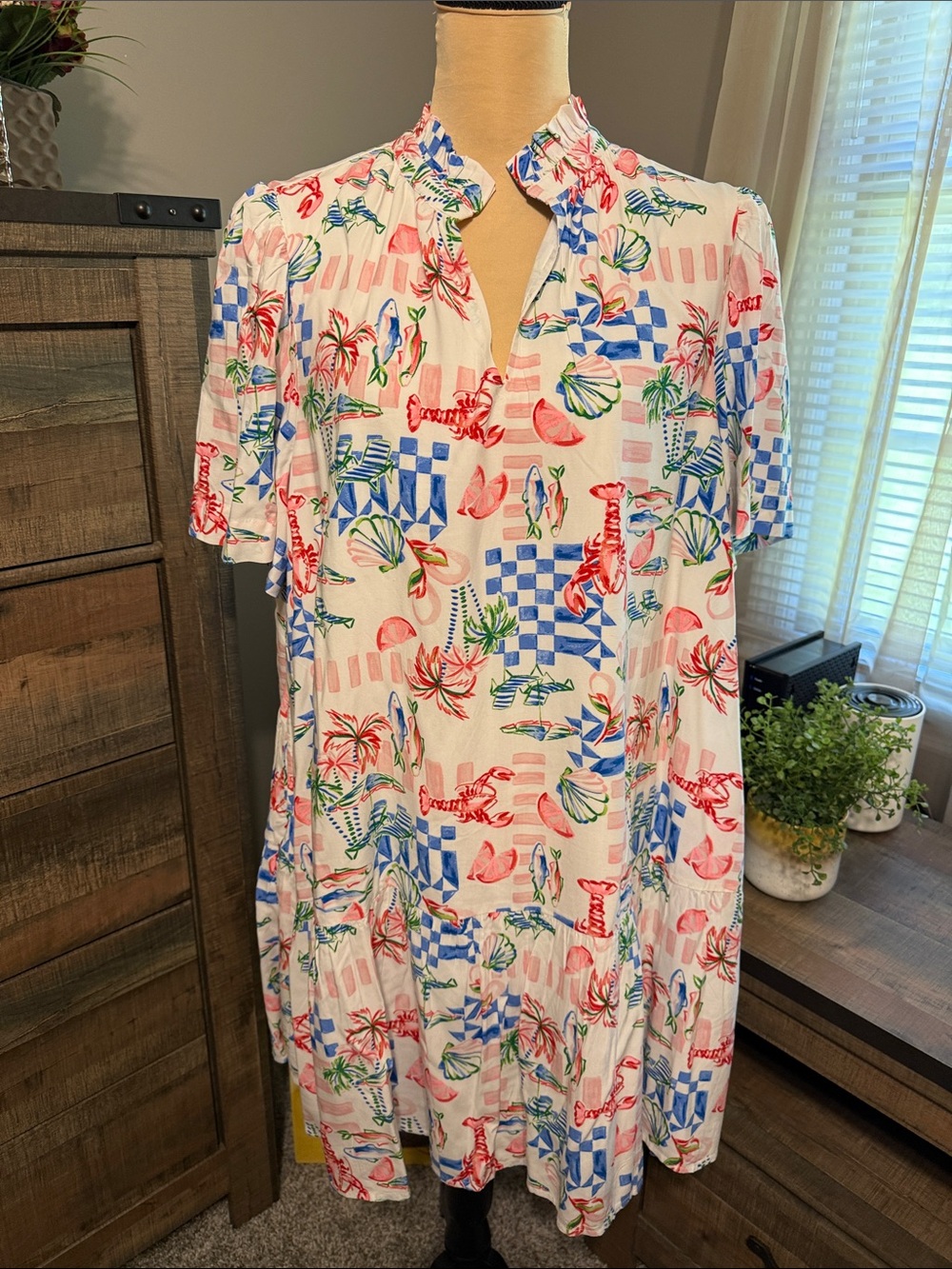 crown & ivy White Midi Dress with Blue and Red Tropical Print